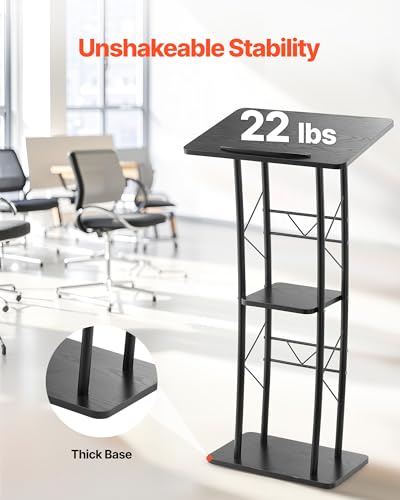 VEVOR Podium Stand, 47-Inch Metal Lectern, Curved Standing Podium with Wide Reading Surface, Open Storage Compartment, Book Stopper, Cup Holder, for Classroom, Wedding, Conference, Speech, and Concert