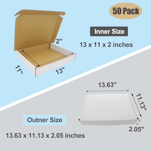 ELAZEKES 13x11x2 Shipping Box, 50 Pack Corrugated Cardboard Boxes Mailers for Business Packaging Mailing White Lightweight Flat Cute Literature Box