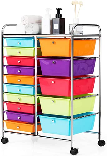 Topment Plastic Boxes 15 Drawer Rolling Organizer Cart Utility Storage Tools Scrapbook Paper Multi-Use (Multicolor)