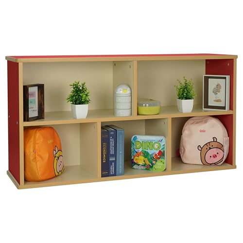 FDP Laminate 5-Compartment Storage Cabinet 24 inch Height Organize Books, Toys, Games, Art Supplies, Durable, Sturdy Furniture for Home, Daycare, Preschool, Classroom - Almond/Red, 13886-ALRD