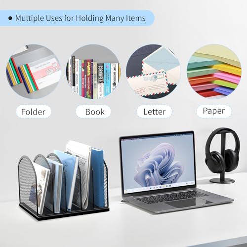 2 Pack Gawerk 5-Section Vertical Desktop Organizer, 5-Section Mesh File Folder Stand Sorter for Office Home Classroom Organization, Black