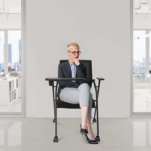 Eleeferri Chair with Desk Attached Foldable Guest Reception Chairs with Caster Wheels and Foldable Right Handed Tablet Arm for Office School Classroom Conference Waiting Room Black