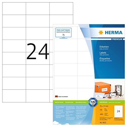HERMA Self Adhesive Address Mailing Labels, 24 Labels Per A4 Sheet, 4800 Labels for Laser and Inkjet Printers, 70 x 37 mm (4615)