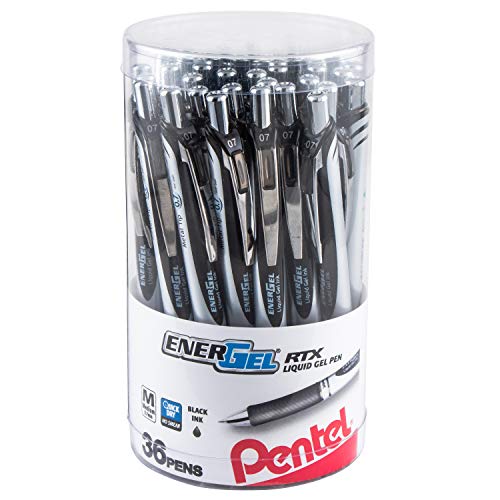 Pentel EnerGel RTX Retractable Liquid Gel Pen Canister, Black Ink (BL77PC36A) (Pack of 1, 36 Count Total)