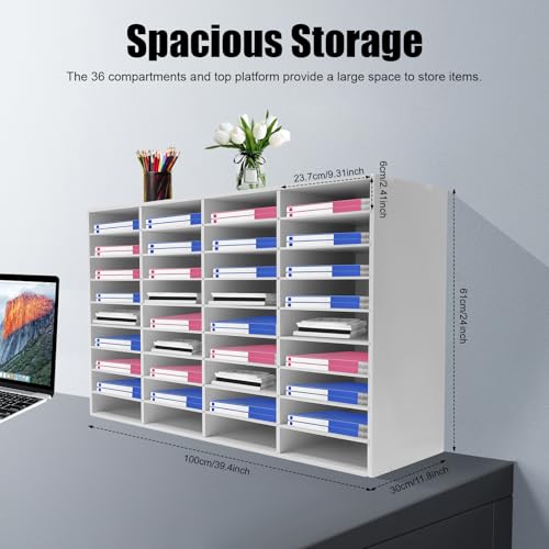 Mail Sorter Organizer, Literature Organizer, Student Mailbox Slot with Removable Shelves, for Desktop Bill Paper, for Classroom Office Home School (36 Compartments, White)
