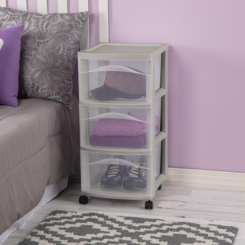 Sterilite 3-Drawer Cart with Wheels for Bedroom and Dresser, 4-Pack
