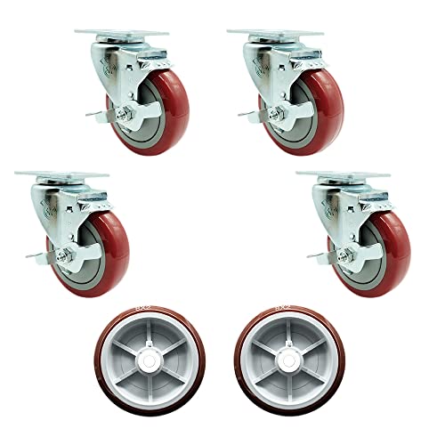 Regency 600UBCKIT6 U-Boat Utility Cart Caster and Wheel Full Replacement Set - Includes 4 Swivel Red Casters with Brakes and 2 Wheels - Service Caster Brand