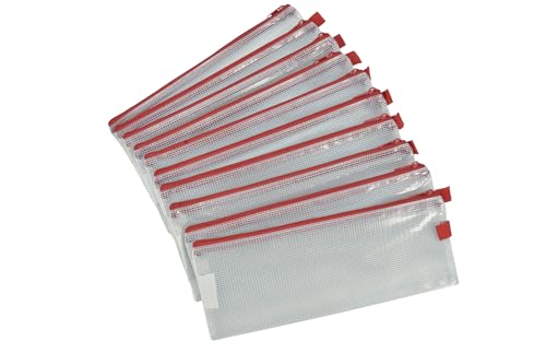 Sax Mesh Tool Case Pouches, 5 x 13 Inches, Clear with Red Trim, Pack of 10