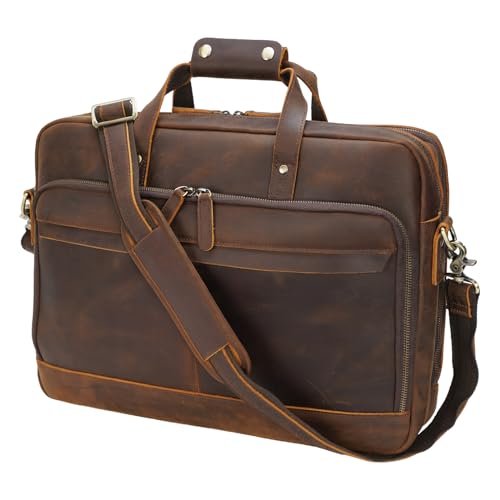 Masa Kawa Leather Briefcase for Men 17" Laptop Shoulder Messenger Bag Brown