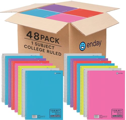 Bulk 48 Pack 1 Subject Spiral Notebooks, College Ruled, Hardcover Spiral Bound Notebooks for School and College, 140 Pages (70 Sheets) 3 Hole Punched Notebook, Multicolor, By enday