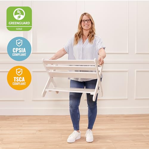 ECR4Kids Wooden Book Caddy with Storage Shelf and Handles, White Wash