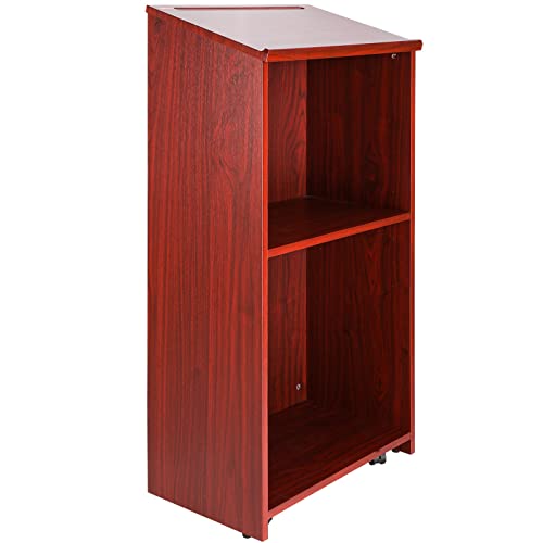 VEVOR Podium Stand, 47 inch Hostess Stand with 4 Rolling Wheels, Wood Podium with Storage Shelves and Slant Desktop, Lecterns & Podiums for Home, Office, School, Church, Brown