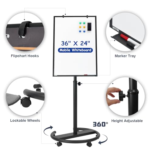 Tankee Mobile Whiteboard, 36x24 Inches Magnetic Dry Erase Board on Wheels