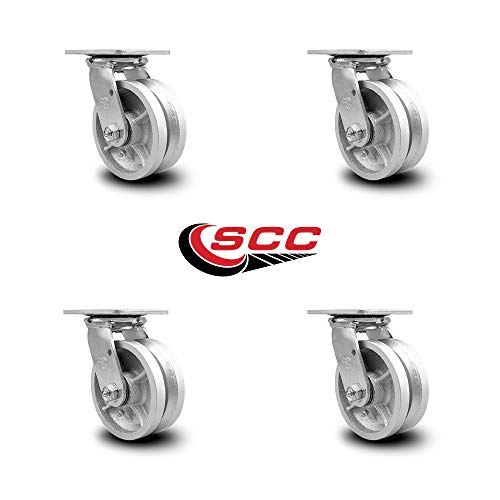 Heavy Duty Swivel Caster Set of 4 with 5 Inch V Groove Semi Steel Cast Iron Wheels and Ball Bearings - Includes 4 Swivel - 4,400 lbs. Total Capacity - Service Caster Brand