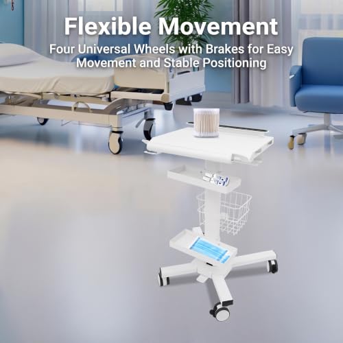 Medical Laptop Cart, Adjustable Workstation Trolley Cart with Wheels, Rolling Laptop Carts with Scanner Holder, Basket Storage, for Dental Office, Hospital, Clinic