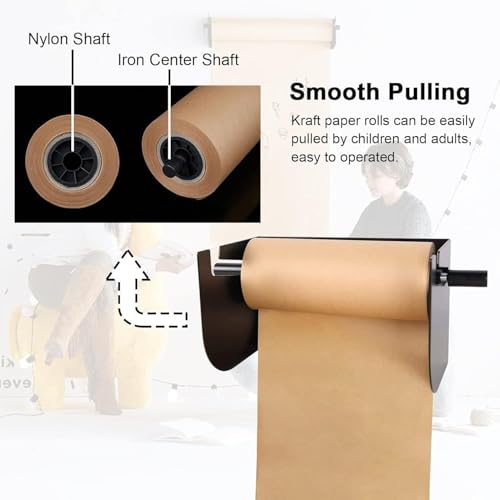 Kraft Paper Roll Holder & Dispenser Wall Mounted Butcher Paper Roll Dispenser Bracket, White Black Kraft Paper Holder for Hanging and Cut Idea List Wall Mount Note Paper ，Black 67cm/26.3in Wide
