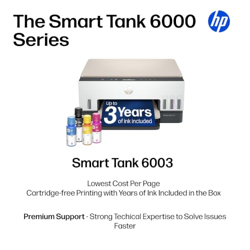 HP Smart Tank 6003 Wireless All-in-One Ink Tank Printer, Scanner, Copier with up to 3 Years of Ink Included, Best-for-Home, Cartridge-Free Refillable, AI-Capable (9B5C8A)