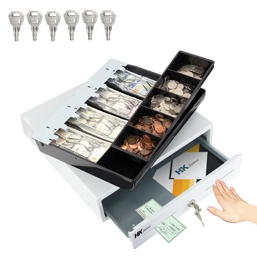 HK SYSTEMS 13inch Heavy Duty Manual Push-Open Cash Drawer with 4Bill/5Coin, Removable Till, Two Medial Slots, White