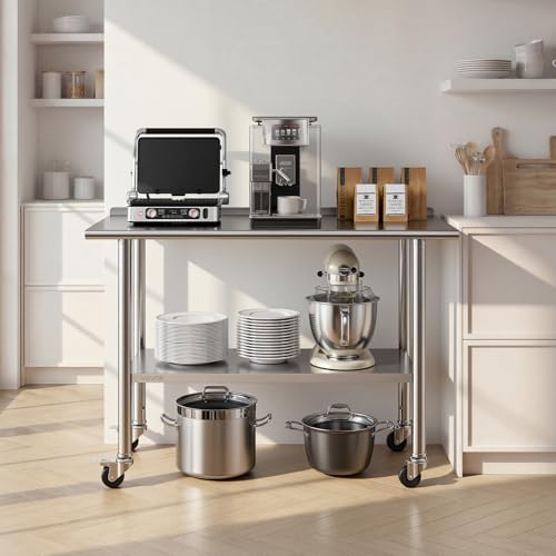 VEVOR Stainless Steel Work Table, 24x48 inch Food Prep Table with Wheels, Commercial Kitchen Workstation with Adjustable Undershelf, Metal Heavy Duty Utility Worktable, for Restaurant Home Outdoor