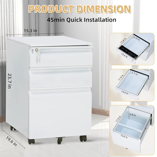 FinerFurnis 3 Drawer Mobile Filing Cabinet for Home Office Organizer with Lock and Anti-Tip Wheels, Under Desk Metal File Cabinet for Letters, Legal, and a4 Documents,White