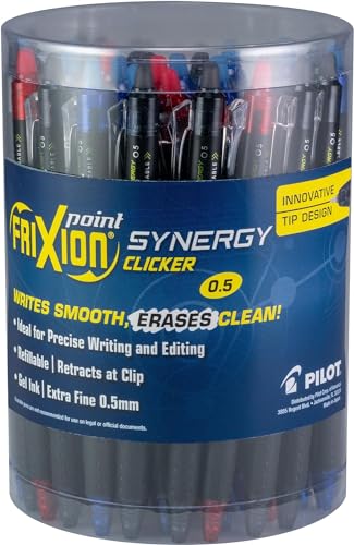 PILOT FriXion Erasable Pens Synergy Clicker, Refillable, Retractable, Erasable Gel Pens, Extra Fine Point 0.5 mm, Tub of 36, Assorted Ink