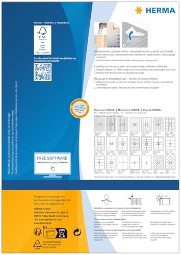 HERMA Self Adhesive Removable Labels, 16 Labels per A4 Sheet, 100 Sheets, 88.9 x 33.8 mm, 1600 Labels, Blank Multipurpose Labels Stickers, Sticky Labels for Laser & Inkjet Printer, White