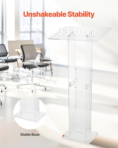 VEVOR Acrylic Podium, 47" Acrylic Podium Stand with Wide Reading Surface & Storage Shelf, Floor-Standing Clear Pulpits Acrylic for Church Office School, Black