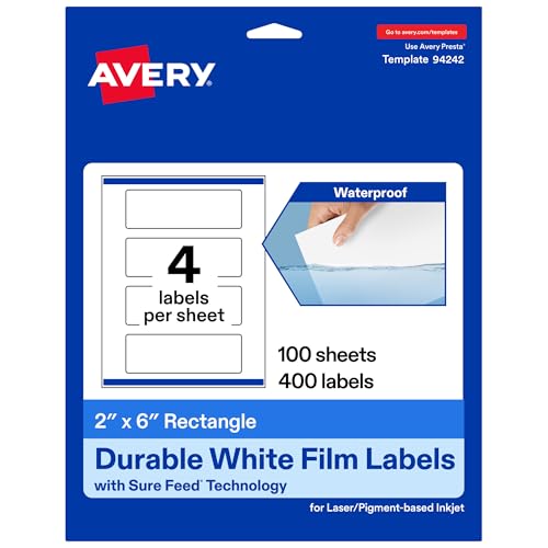 Avery® Printable Durable White Rectangle Labels, Sure Feed® Technology, 2" x 6", Print-to-the-Edge, Waterproof Labels, Laser & Pigment-Based Inkjet Compatible, 400 Total