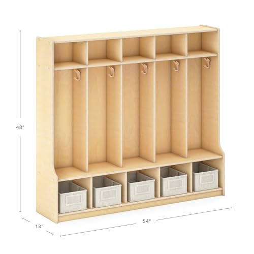 Guidecraft EdQ 5-Section Wooden Storage Locker with Bench Seat for Classroom, Kids Cubby Organizer with Shelves and Hooks for Coats, Divided Playroom Storage with Bins