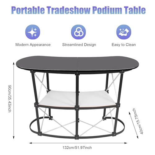 51" Portable Pop Up Table Podium Counter, Trade Show Display Counter Stand, Foldable Reception Desk with Aluminum Frame, Wood Top, PVC Panels, for Hotels, Shops, Malls, Exhibitions, Product Demos