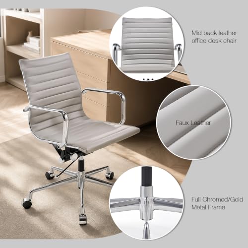 CAROCC Gray Office Chair, PU Leather Mid Back Adjustable Desk Chair