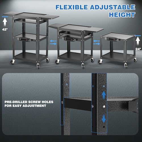 POCHAR Large Steel AV Cart with Power Strip & Drop Leaves - Height Adjustable Metal Media Cart with Wheels - Heavy Duty Rolling Computer Workstation for Laptop Projector Printer TV, Black (46" x 18")