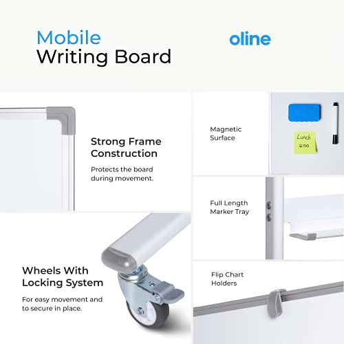 Oline Mobile Whiteboard 48 x 36 Inch Large Height Adjust 360° Magnetic Rolling Double Sided Reversible Dry Erase Board (48x36, White & Silver)