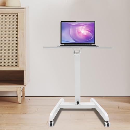 WAZYKJMDXX Mobile Standing Desk, Adjustable Angle 10°/20°/30° Portable Laptop Stand with 4 Wheels, Spacious Tabletop Anti-Slip Bar, Multi-Purpose Lectern for Office School Home Dormitory - White