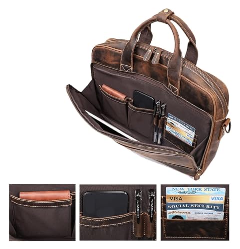 CcacHe Crazy Horse Leather 15.6" Laptop Briefcase Business Office Shoulder Handbags Retro Cross-Body Messenger Tote Bag (Color : Black, Size : One Size)