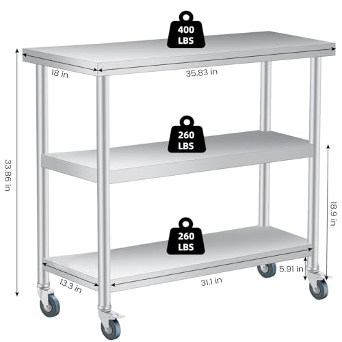 ExploreHorizon Stainless Steel Work Table with Wheels, 3-Shelf Commercial Food Prep Table 18x36x34 Inch, Rust-Resistant Metal Utility Table for Kitchen, Restaurant, Garage, Warehouse, Indoor, Outdoor