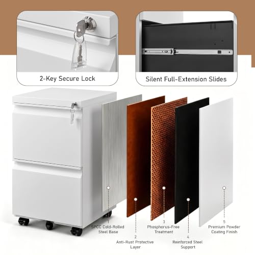 Approgreent 2 Drawer Metal File Cabinet, Fully Assembled Locking Filing Cabinet with Anti-Tipping Wheels, Quiet Slide, Heavy-Duty Steel Construction, Fits A4 Letter Legal for Home Office, Matte White