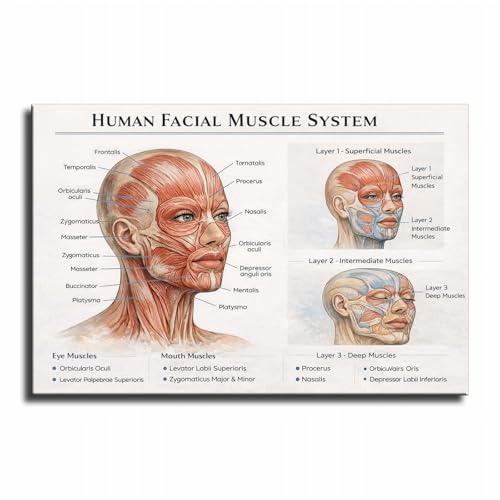 Facial Muscle Anatomy Chart Poster Human Face Muscle Diagram Medical Educational Wall Art for Clinic Classroom Massage Therapist Decor (Framed,16×24 inch)