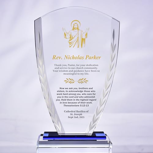 Personalized 9” Glass Plaque, Customized Gift Award Trophy for Pastors