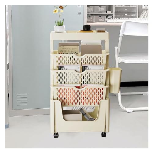 TUOYIBO Mobile Bookshelf,Mobile Bookshelf with Wheels, Mobile Book Shelf Cart 5 Tier Book Rack Storage Bookshelf Moveable Bookshelf on Wheels,Removable Table Side Storage Basket 5 Layers, (Color :