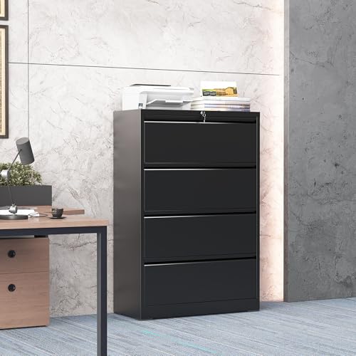FOSTOKO 4 Drawer Lateral File Cabinet with Lock, Metal File Cabinets for Home Office, Steel Heavy-Duty Filing Storage Cabinet for Letters/Legal/A4 (Require Assembly, Black)