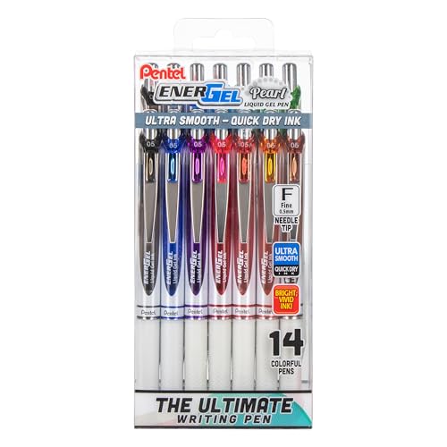 Pentel EnerGel RTX Pearl Liquid Gel Pen, (0.5mm) Needle Tip, Fine Line, Asstd. Ink, 14-Pk Plastic Box