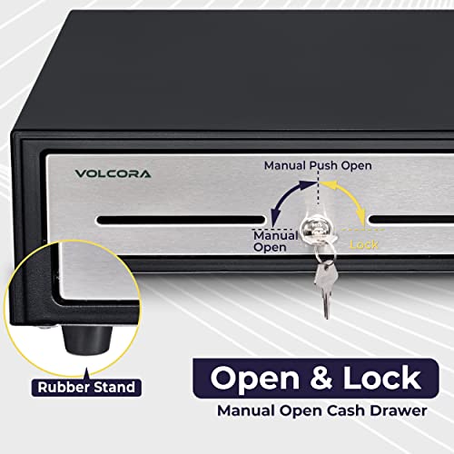 Volcora 16" Manual Push Open Cash Register Drawer for Point of Sale (POS) System - Black and Stainless Steel Front Touch Panel - Durable Cash Drawer with Removable Tray, 5 Bills and 8 Coin Slots