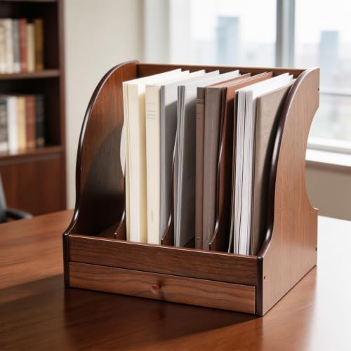 Wooden Desk File Organizer with 5 Vertical Rack & Drawer for Office & Home