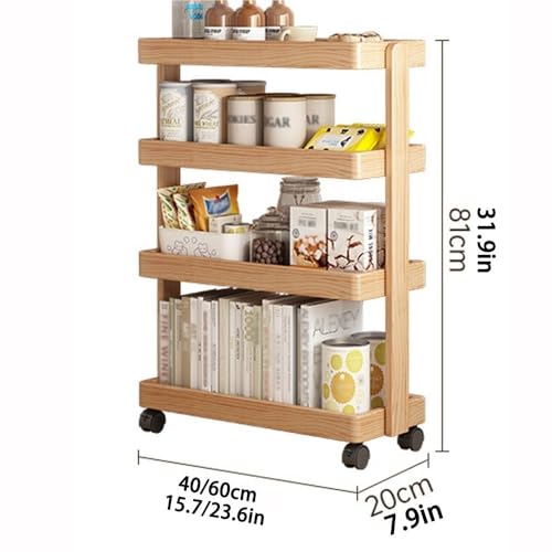 Joaaea Solid Wood Rolling Cart,4-Layer with Wheels 110LBS Heavy Duty,Snack/Book Storage,Floor-Standing for Bedroom Living Room(Natural,60cm-23.6in)