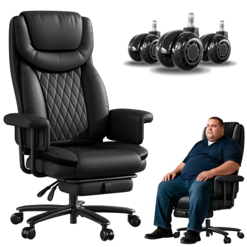 JULYMON Executive Office Chair Big and Tall 500LBS, 165° Reclining Office Chair with Footrest, Leather Desk Chair with Quiet Rubber Wheels, Height Adjustable, Padded Arms, Black