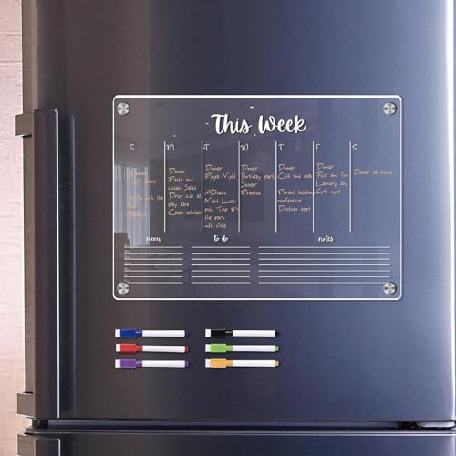 LOUYENOUS Acrylic Fridge Note Board Weekly Planning Message Board to Do List Easy to Install with 6 Color Markers Clear, Erasable Board