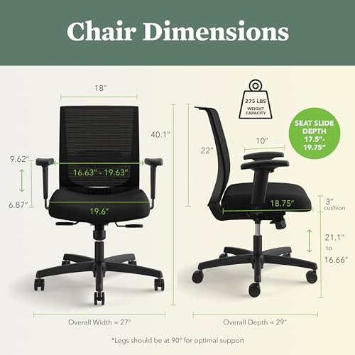 HON Convergence Ergonomic Office Chair with Mesh Seat - Home Desk Chairs with Adjustable Arms, Lumbar Support, Rolling Swivel Wheels, Comfortable Synchro-Tilt Recline - Ore