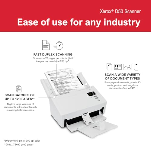 Xerox D50 Duplex Document Scanner for PC and Mac, 120-page Automatic Document Feeder (ADF), 70 ppm @ 200 dpi, Visioneer & ABBYY Software Included, 3-Year Warranty