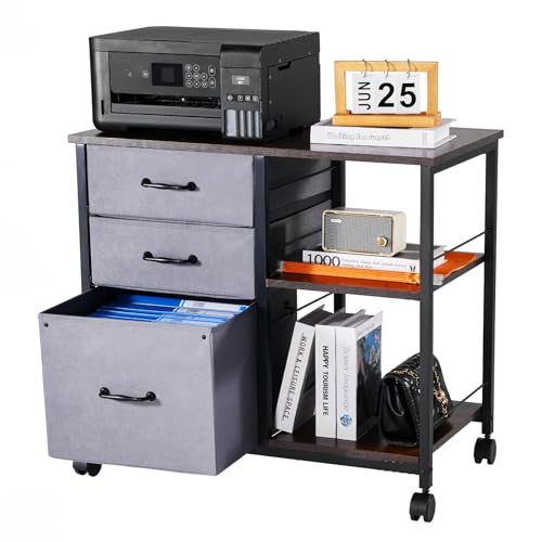 VEVOR Metal File Cabinet, Mobile Filing Cabinet with 3 Fabric Drawers and 2 Open Shelves, Wooden Vertical Filing Storage Cabinets with Wheels for Letter, A4, Legal Size File, Easy Assembly, Brown